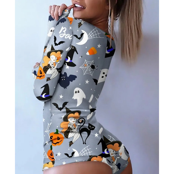 Halloween  Print Button Front Lounge Romper | Chic Me - Picture 1 of 5
